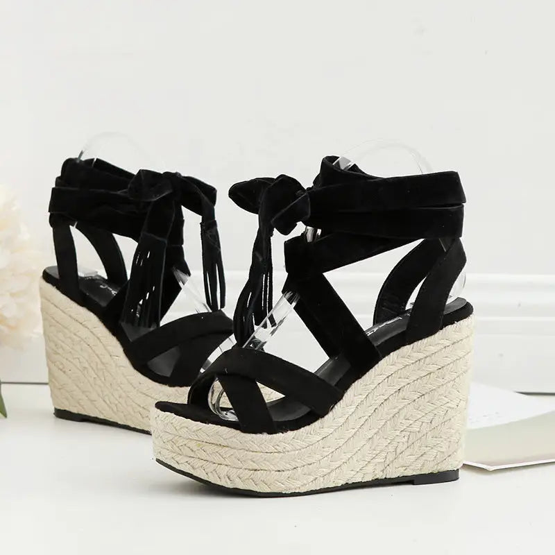 Gdgydh Weaving Cross Strap Platform Sandals Summer Wedges Heel Shoes For Women Flock Ankle Strap Ladies Gladiator