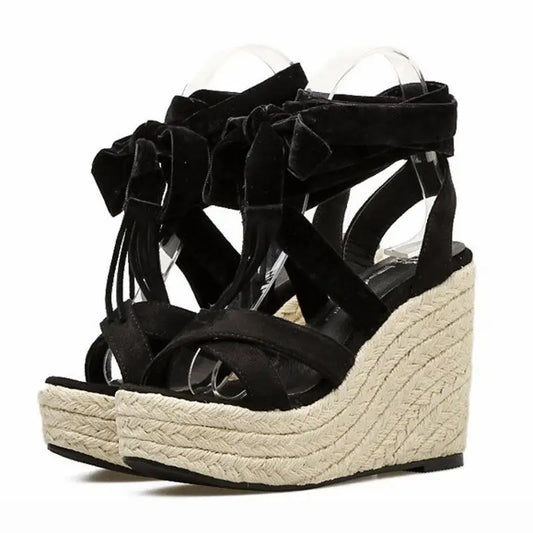 Gdgydh Weaving Cross Strap Platform Sandals Summer Wedges Heel Shoes For Women Flock Ankle Strap Ladies Gladiator
