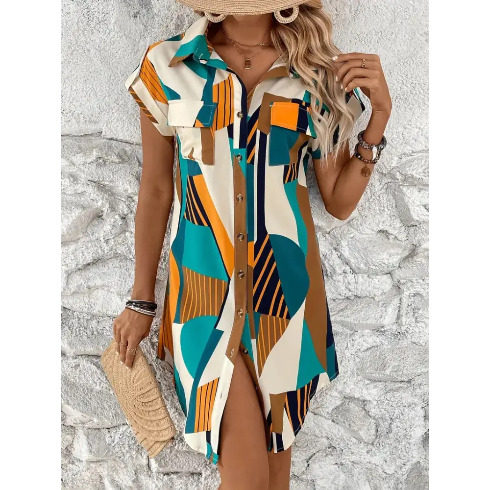 Geometric Printed Shirt Short Dress Women - Floral1 / S