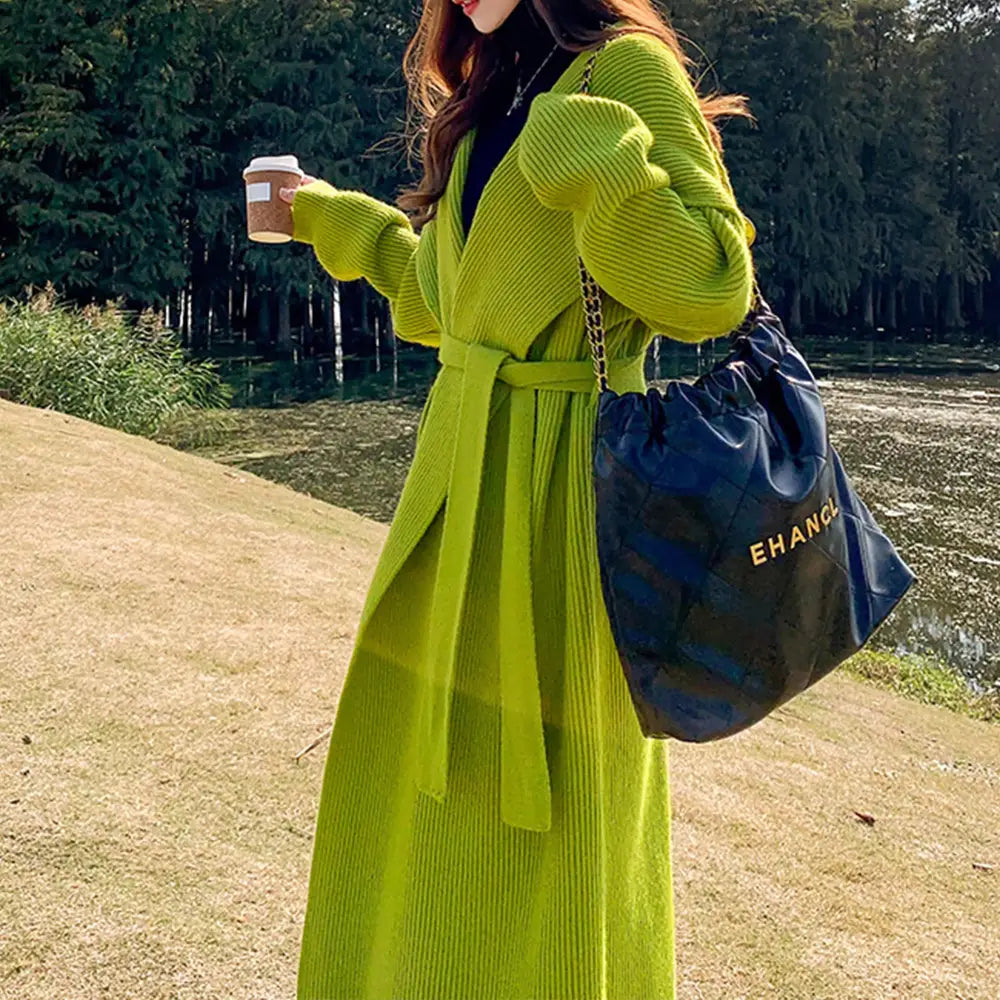 Green Alpaca Wool Sweater Coat Thickened Loose Knitted Cardigan Knitwear Handmade Clothing Hand Knit Womens Clothing - 5