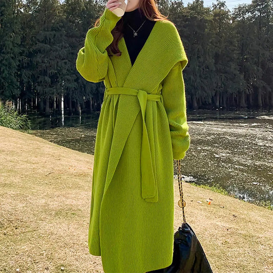 Green Alpaca Wool Sweater Coat Thickened Loose Knitted Cardigan Knitwear Handmade Clothing Hand Knit Womens Clothing
