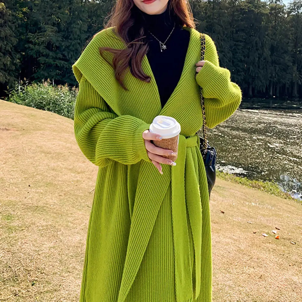 Green Alpaca Wool Sweater Coat Thickened Loose Knitted Cardigan Knitwear Handmade Clothing Hand Knit Womens Clothing - 5