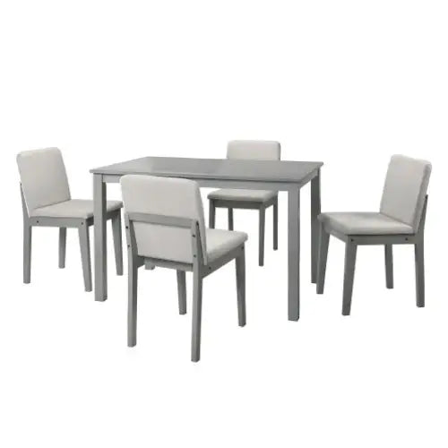 Grey Finish 5pc Dining Room Set Dining Table 4x Chairs Beige Fabric Chair Seat Kitchen Breakfast Dining Room Furniture