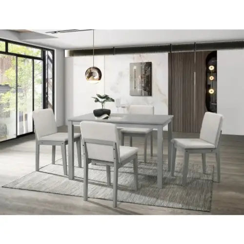 Grey Finish 5pc Dining Room Set Dining Table 4x Chairs Beige Fabric Chair Seat Kitchen Breakfast Dining Room Furniture