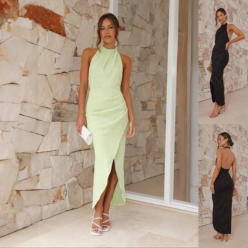 Halter Split Long Dress Summer Slim Fit Backless Dresses Solid High-end Women's Clothing Beyond Trends Hub