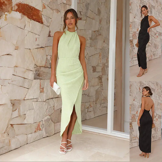 Halter Split Long Dress Summer Slim Fit Backless Dresses Solid High-end Women's Clothing Beyond Trends Hub