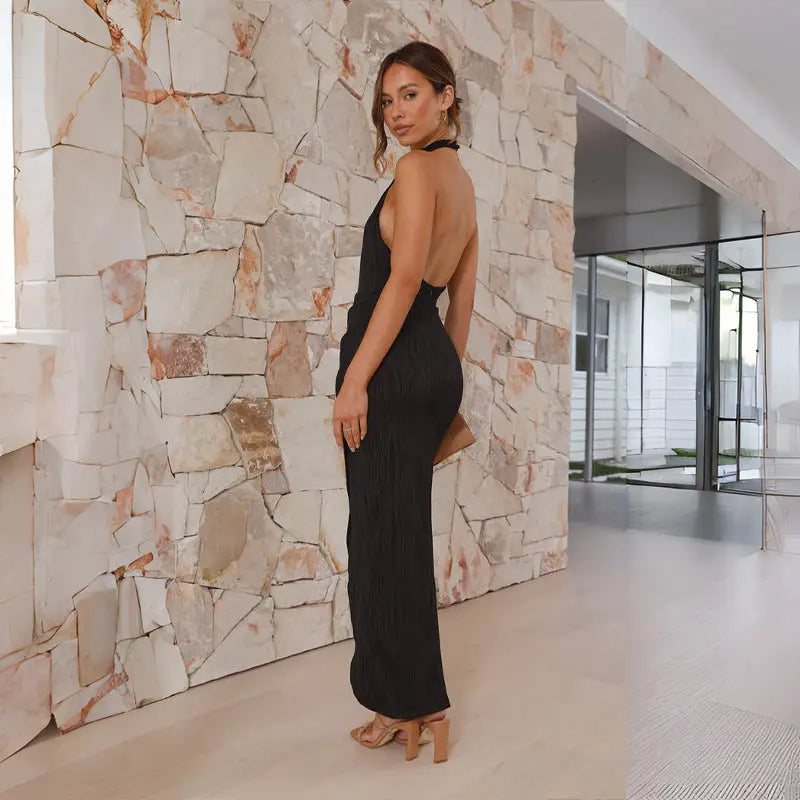 Halter Split Long Dress Summer Slim Fit Backless Dresses Solid High-end Women's Clothing Beyond Trends Hub