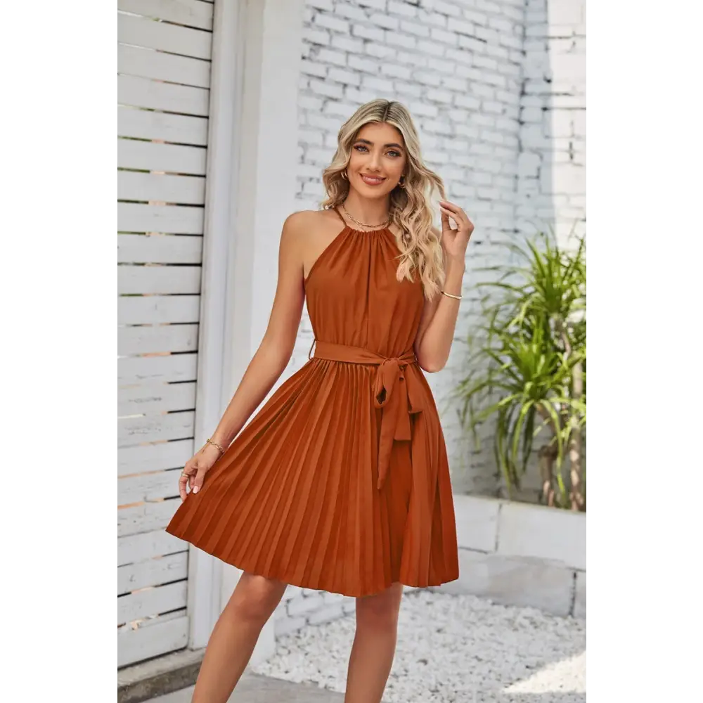 Halter Strapless Dresses For Women Solid Pleated Skirt Summer Beach Sundress - Chocolate / S - 4