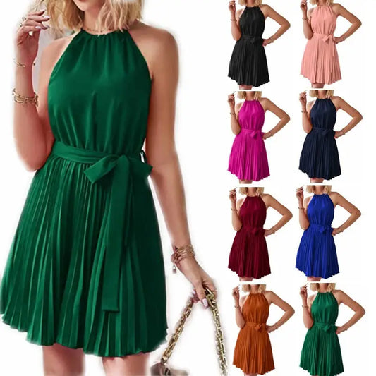 Halter Strapless Dresses For Women Solid Pleated Skirt Summer Beach Sundress - 4