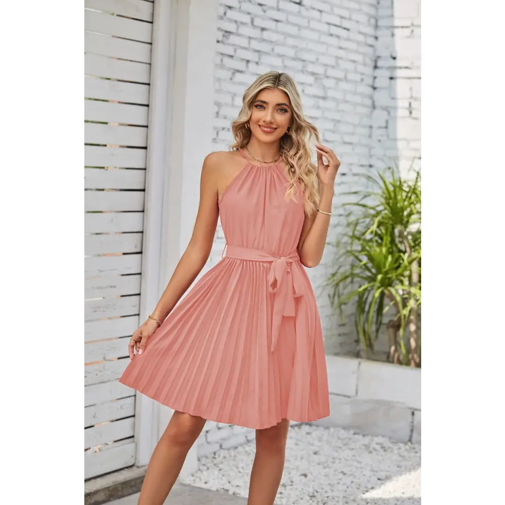 Halter Strapless Dresses For Women Solid Pleated Skirt Summer Beach Sundress - Pink / S - 4