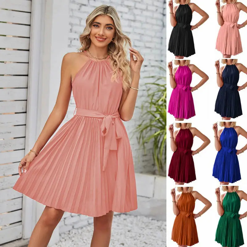 Halter Strapless Dresses For Women Solid Pleated Skirt Summer Beach Sundress - 4