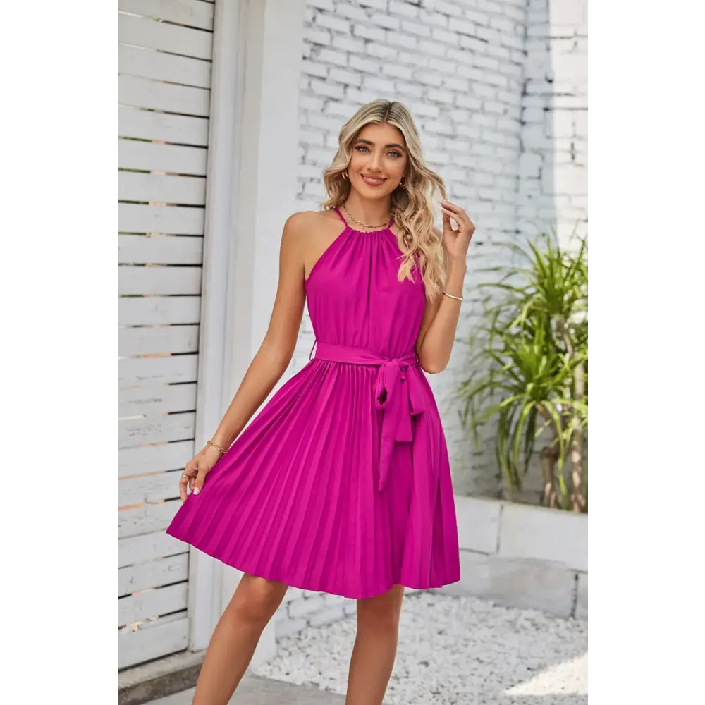 Halter Strapless Dresses For Women Solid Pleated Skirt Summer Beach Sundress - Rose / S - 4