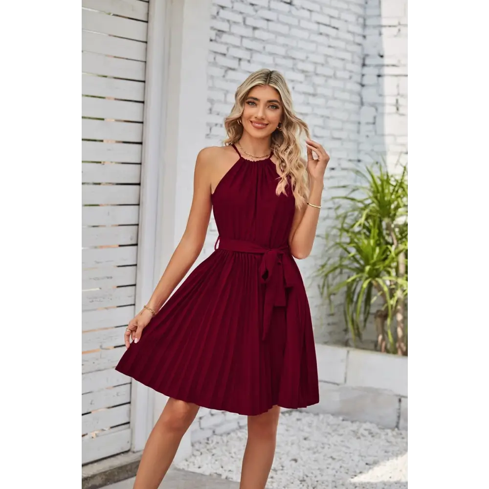 Halter Strapless Dresses For Women Solid Pleated Skirt Summer Beach Sundress - Burgundy / S - 4