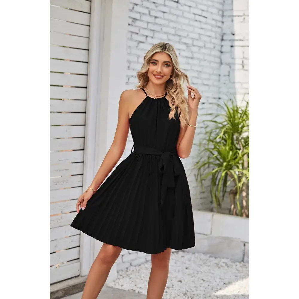 Halter Strapless Dresses For Women Solid Pleated Skirt Summer Beach Sundress - Black / S - 4