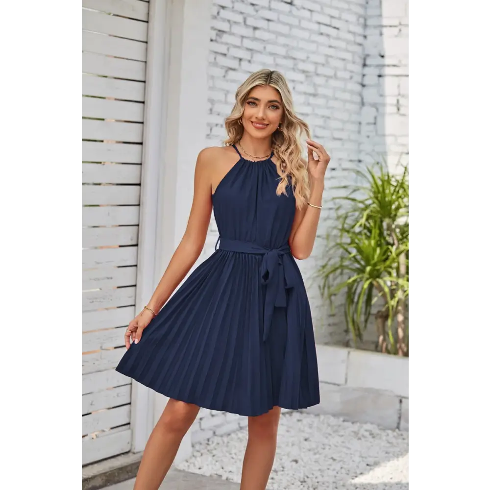 Halter Strapless Dresses For Women Solid Pleated Skirt Summer Beach Sundress - Navy / S - 4