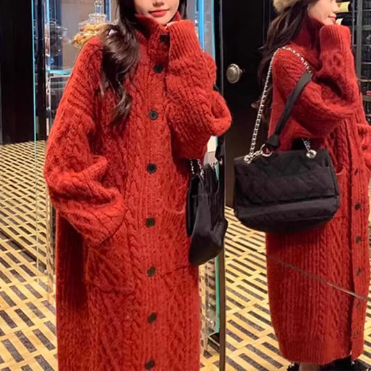 High Collar Thickened Twist Sweater Coat Gray Cozy Over-knee Knitted Cardigan Long Sweater Boho Women Sweater Womens