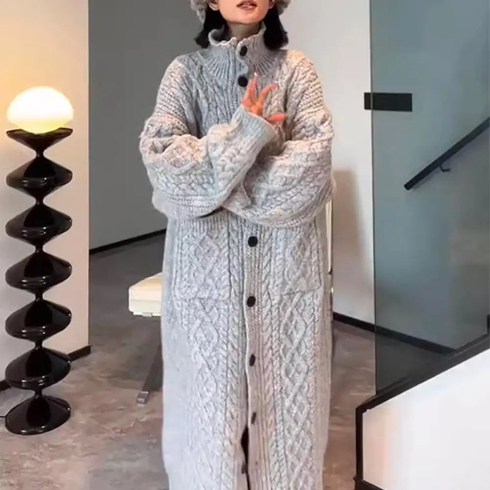 High Collar Thickened Twist Sweater Coat Gray Cozy Over-knee Knitted Cardigan Long Sweater Boho Women Sweater Womens