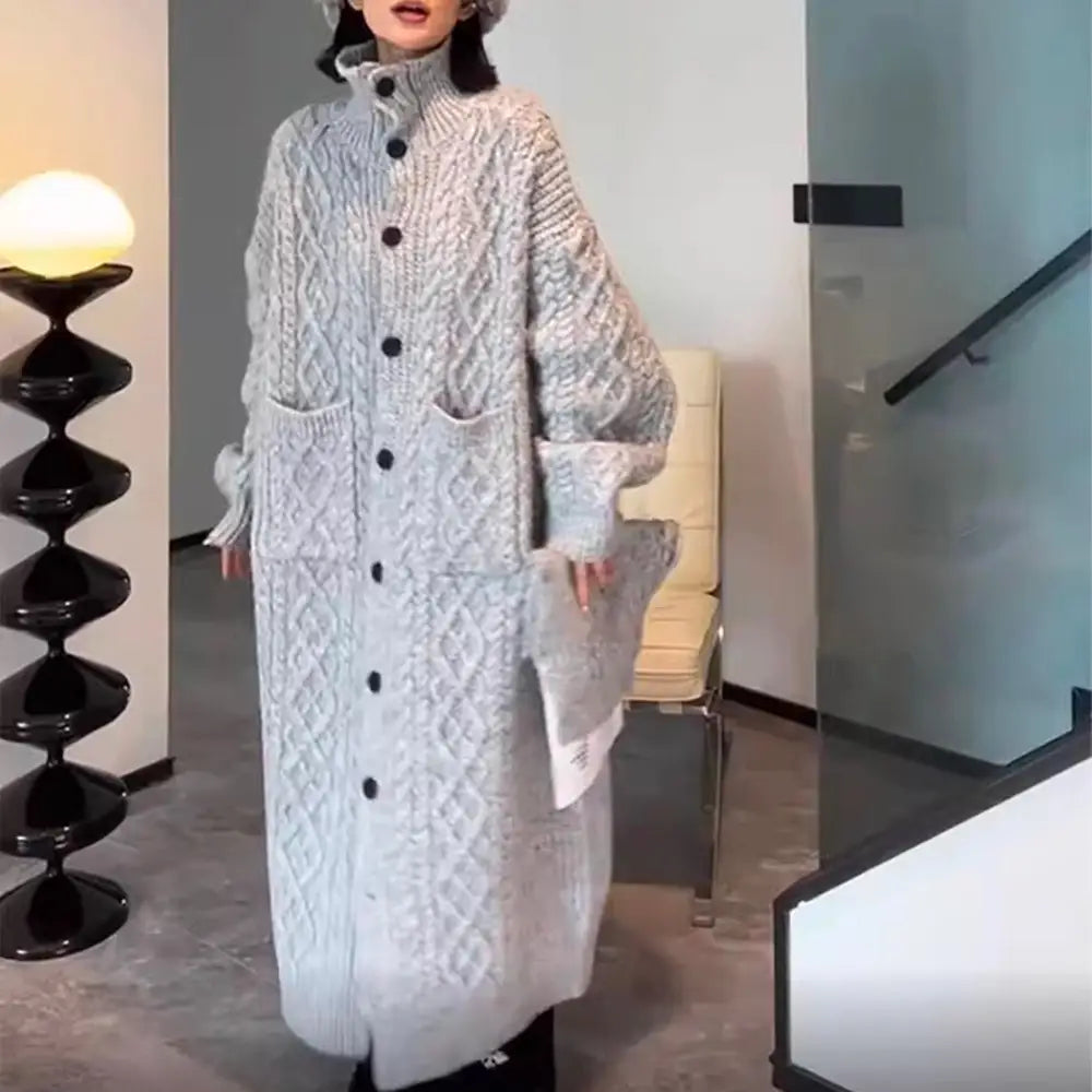 High Collar Thickened Twist Sweater Coat Gray Cozy Over-knee Knitted Cardigan Long Sweater Boho Women Sweater Womens