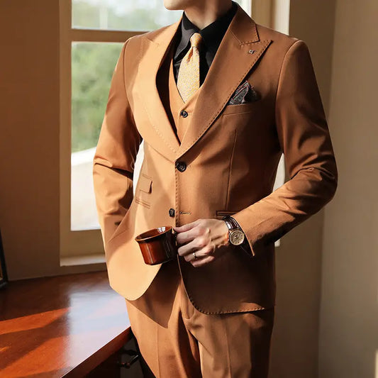 High-end Wedding Bridegroom Suit Suit Closure Collar Suit Three-piece Suit Men Caramel Beyond Trends Hub
