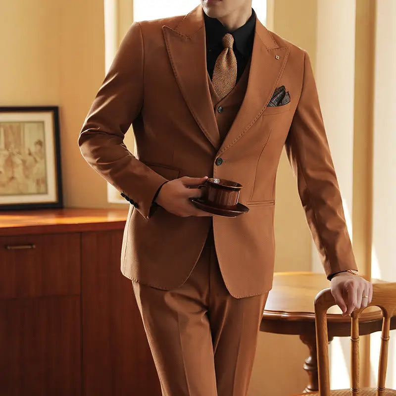 High-end Wedding Bridegroom Suit Suit Closure Collar Suit Three-piece Suit Men Caramel Beyond Trends Hub