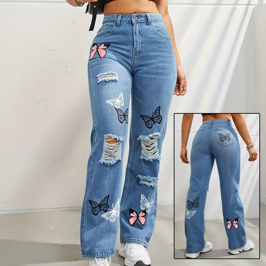 High Waisted Straight Leg Jeans For Women Trendy Butterfly Print Ripped Distressed Denim Pants Beyond Trends Hub