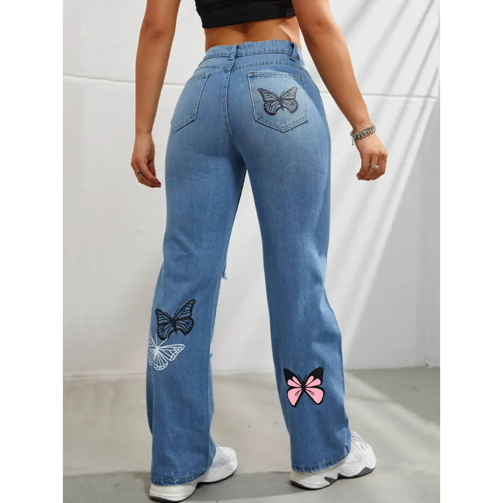 High Waisted Straight Leg Jeans For Women Trendy Butterfly Print Ripped Distressed Denim Pants Beyond Trends Hub
