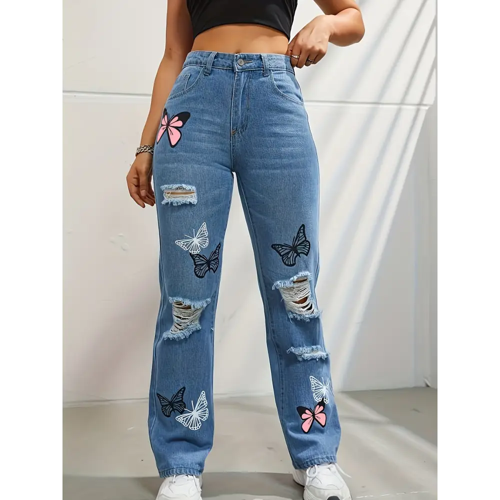 High Waisted Straight Leg Jeans For Women Trendy Butterfly Print Ripped Distressed Denim Pants Beyond Trends Hub