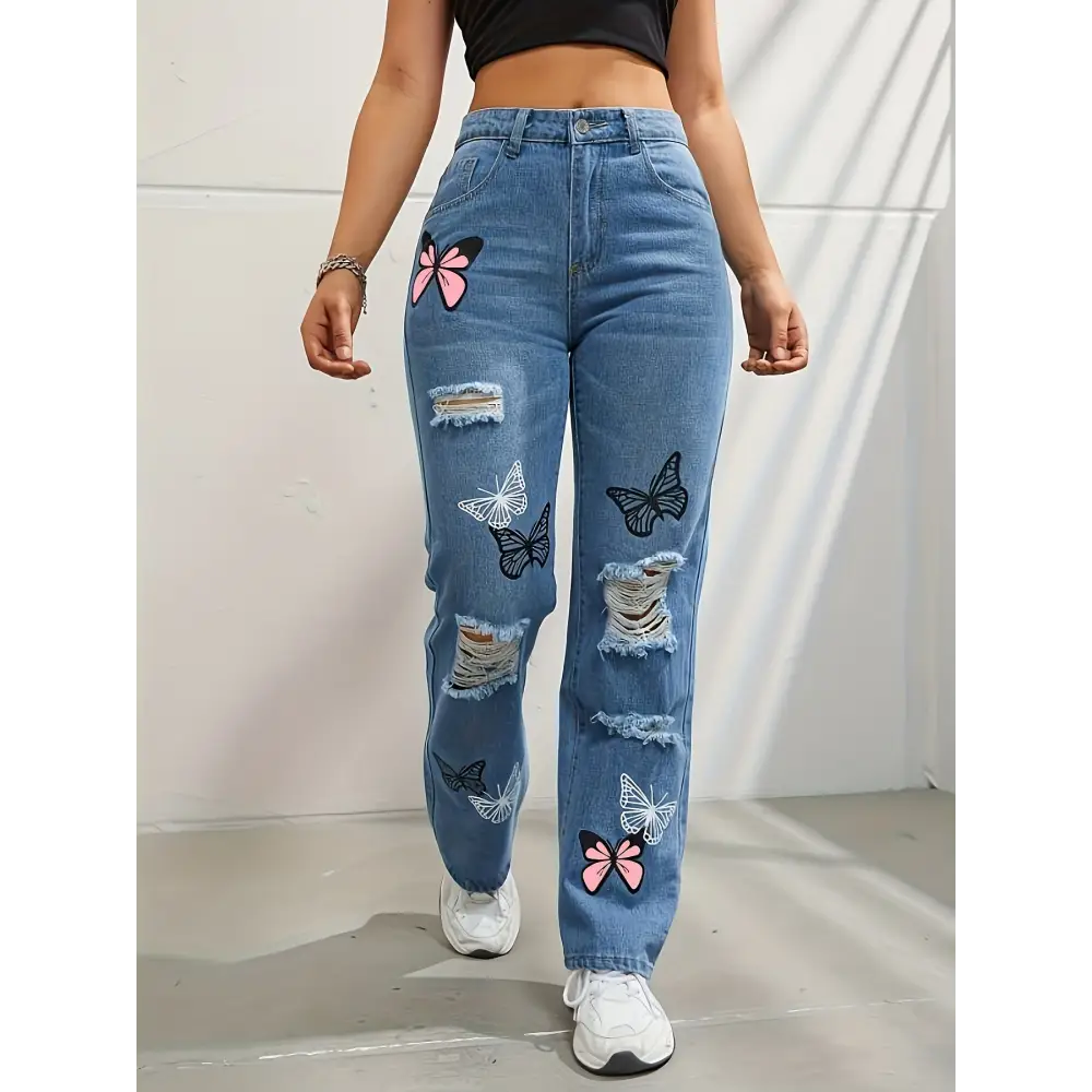 High Waisted Straight Leg Jeans For Women Trendy Butterfly Print Ripped Distressed Denim Pants Beyond Trends Hub
