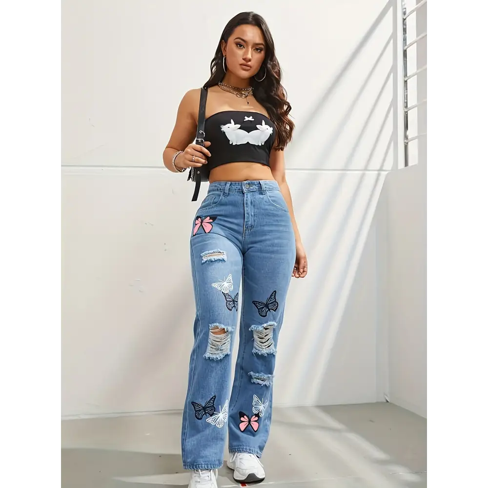 High Waisted Straight Leg Jeans For Women Trendy Butterfly Print Ripped Distressed Denim Pants Beyond Trends Hub
