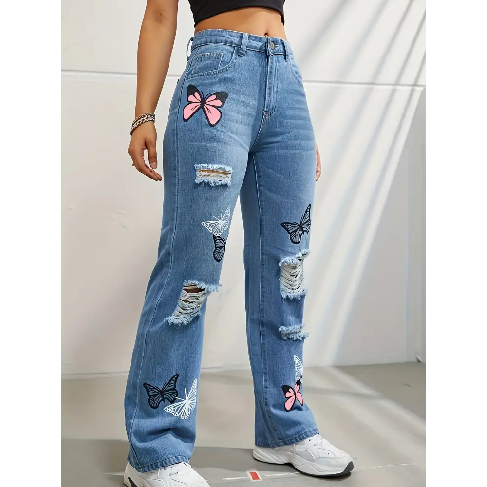 High Waisted Straight Leg Jeans For Women Trendy Butterfly Print Ripped Distressed Denim Pants Beyond Trends Hub