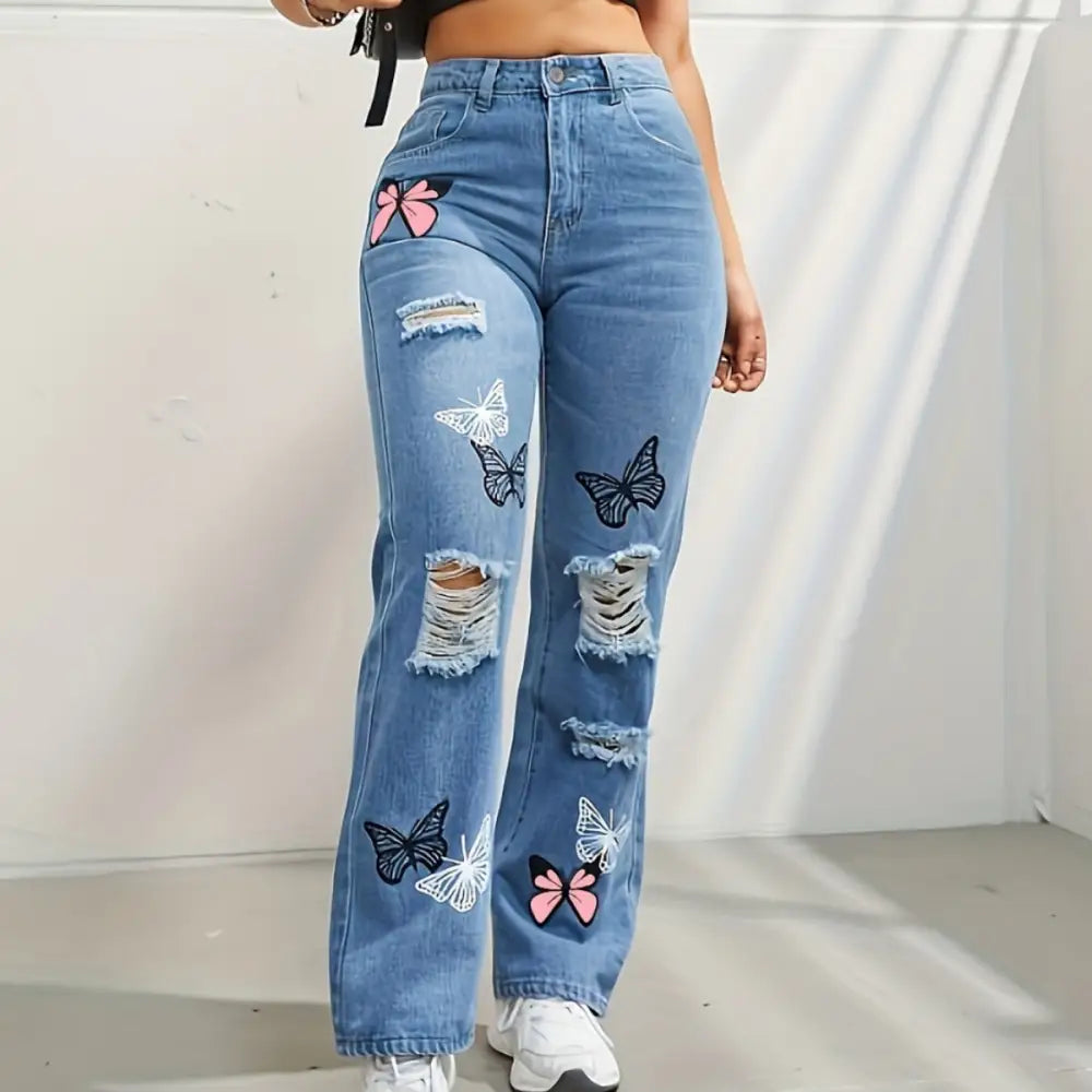 High Waisted Straight Leg Jeans For Women Trendy Butterfly Print Ripped Distressed Denim Pants Beyond Trends Hub