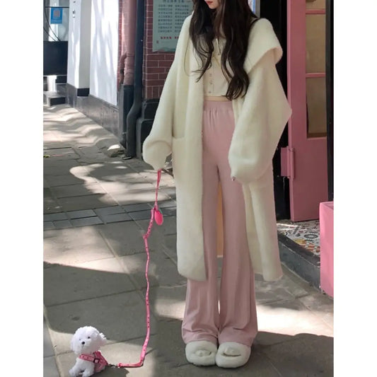 Hooded Fur Cardigan Coat Women’s Spring Clothes Thick Gentle Long Knitted Coat Handmade Clothing Hand Knit Outfit