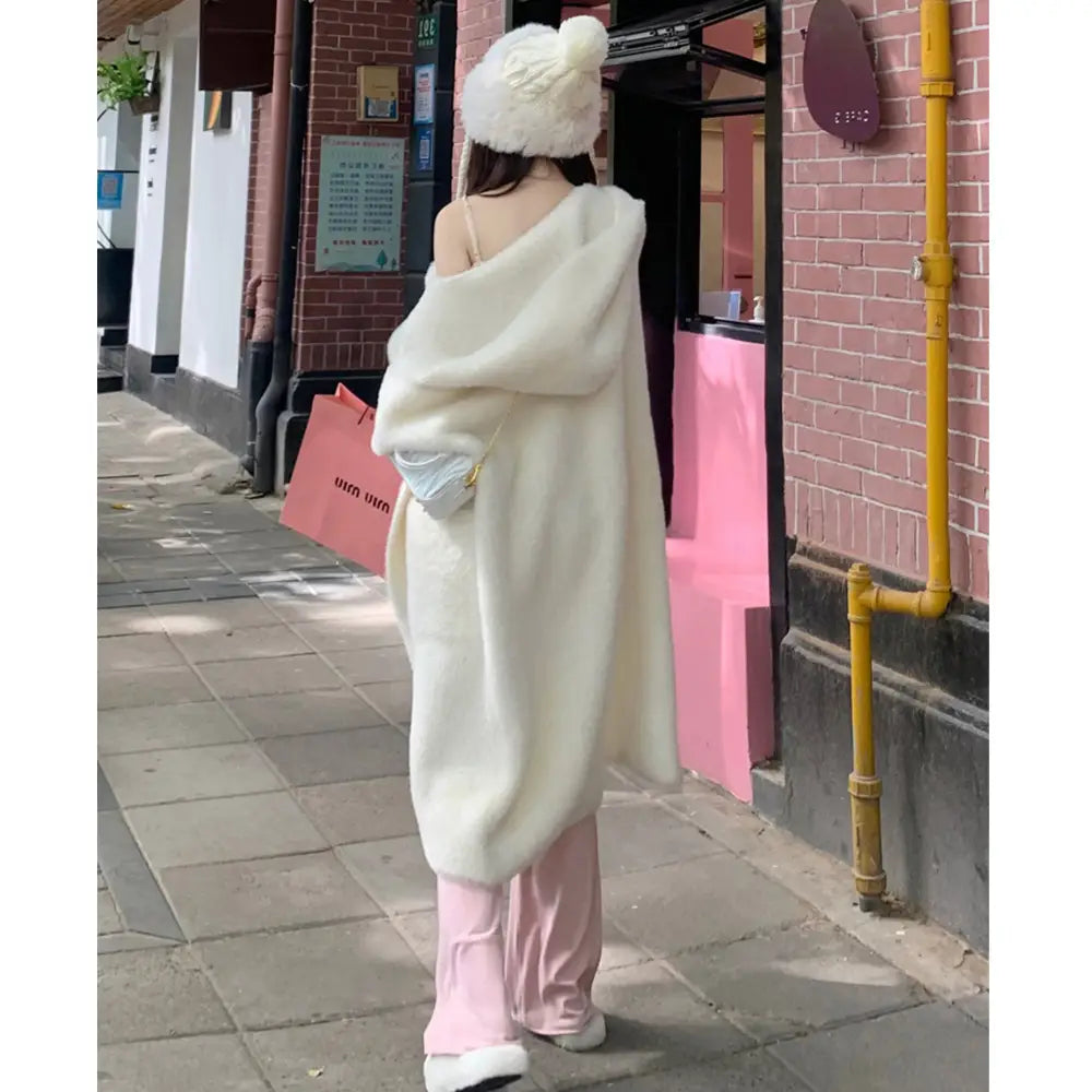 Hooded Fur Cardigan Coat Women’s Spring Clothes Thick Gentle Long Knitted Coat Handmade Clothing Hand Knit Outfit