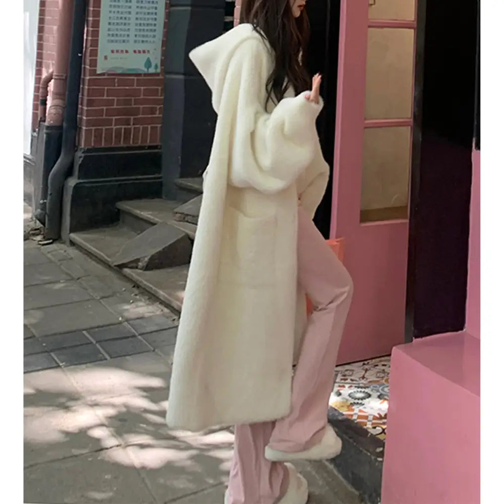 Hooded Fur Cardigan Coat Women’s Spring Clothes Thick Gentle Long Knitted Coat Handmade Clothing Hand Knit Outfit