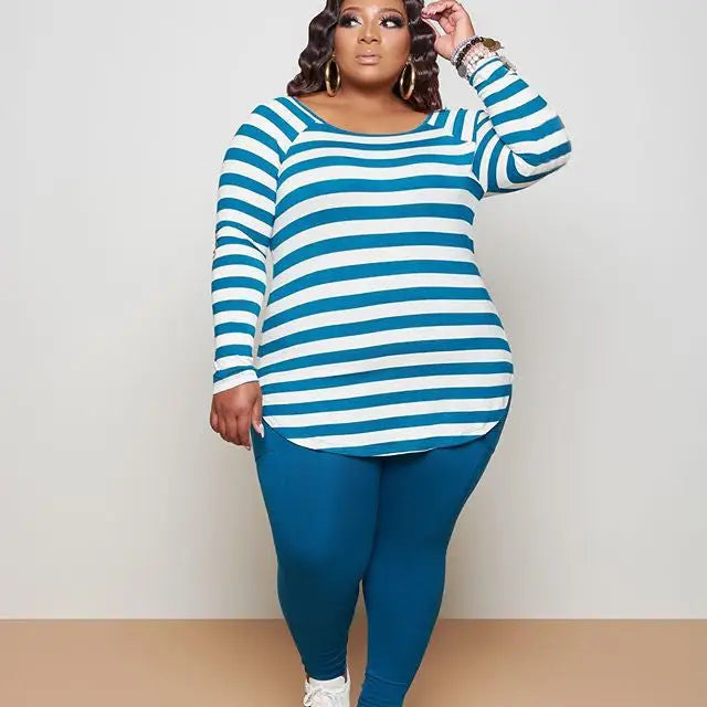Hot sale women’s plus size striped casual suit - Blue / 4XL