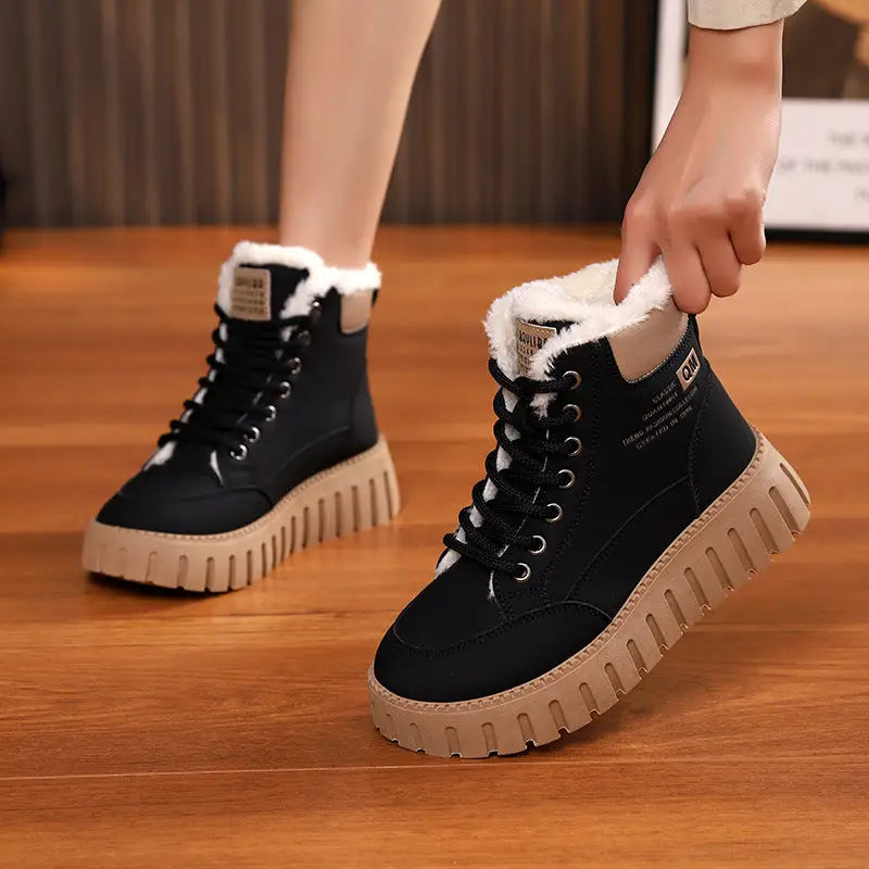 Ins Lace-up Snow Boots Winter Warm Fleece Flat Shoes For Women Fashion Casual Plush Ankle Boot - Black / Size35 - 4