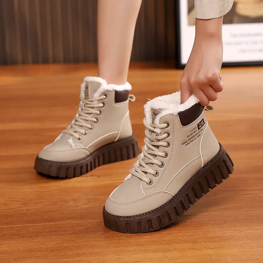 Ins Lace-up Snow Boots Winter Warm Fleece Flat Shoes For Women Fashion Casual Plush Ankle Boot - Khaki / Size35 - 4