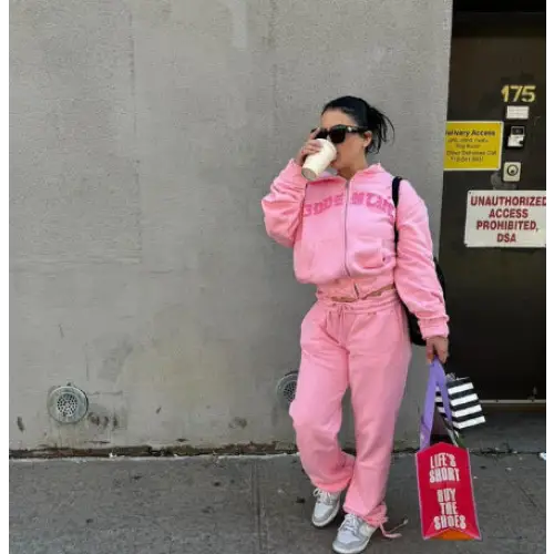 Ins Letter Sports Suit Zip-up Hooded Cropped Sweatshirt Top And Loose Drawstring Trousers Fashion Womens Clothing Beyond Trends Hub