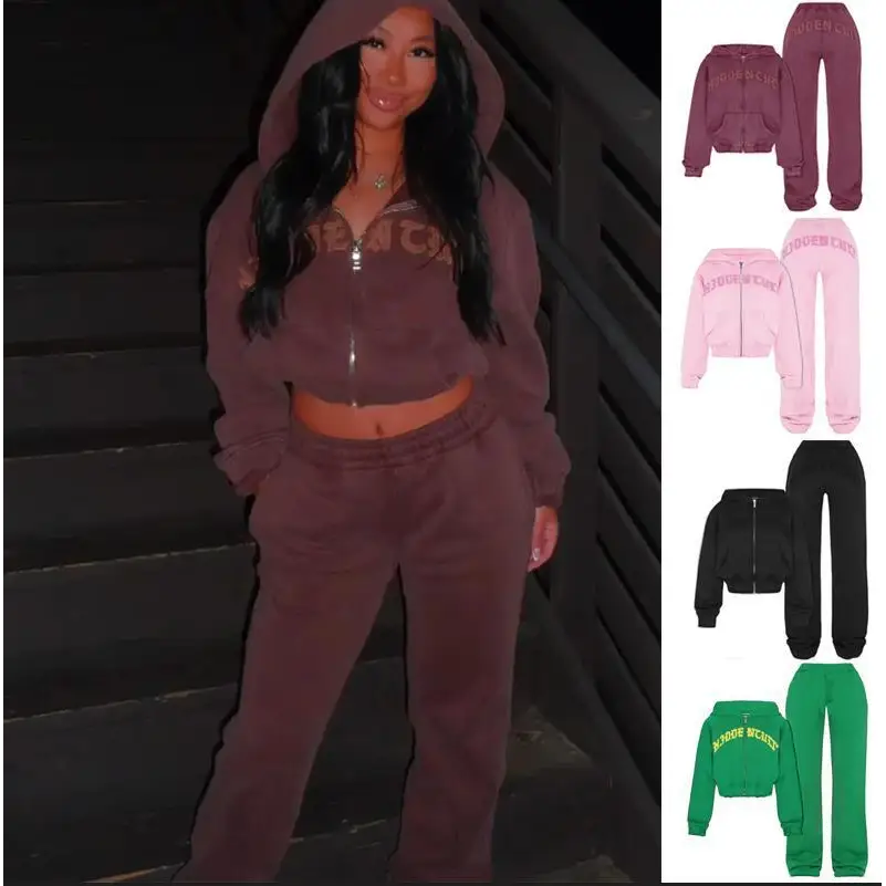 Ins Letter Sports Suit Zip-up Hooded Cropped Sweatshirt Top And Loose Drawstring Trousers Fashion Womens Clothing Beyond Trends Hub