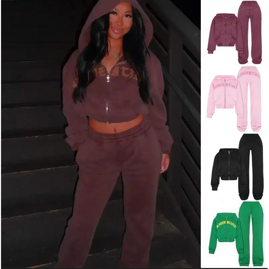 Ins Letter Sports Suit Zip-up Hooded Cropped Sweatshirt Top And Loose Drawstring Trousers Fashion Womens Clothing Beyond Trends Hub