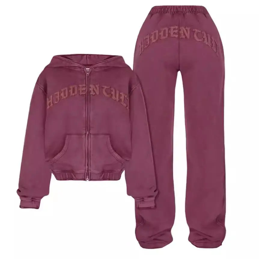 Ins Letter Sports Suit Zip-up Hooded Cropped Sweatshirt Top And Loose Drawstring Trousers Fashion Womens Clothing Beyond Trends Hub