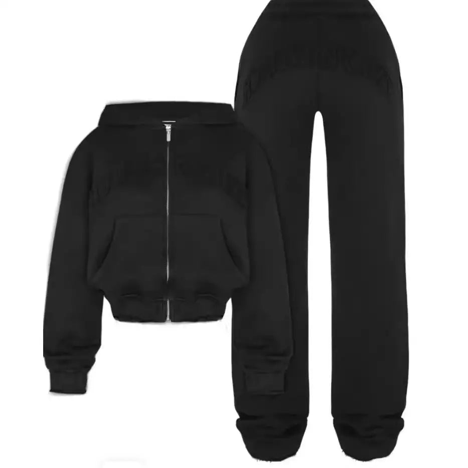 Ins Letter Sports Suit Zip-up Hooded Cropped Sweatshirt Top And Loose Drawstring Trousers Fashion Womens Clothing Beyond Trends Hub