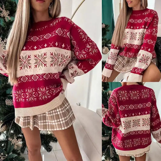 Jacquard Loose Round Neck Long Sleeve Ladies Sweater Beyond Trends Hub