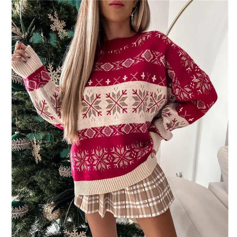 Jacquard Loose Round Neck Long Sleeve Ladies Sweater Beyond Trends Hub