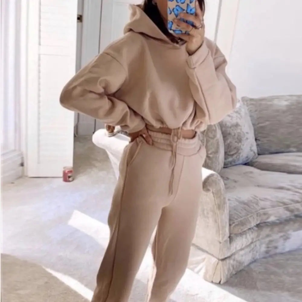 Jogging Suits For Women 2 Piece Sweatsuits Tracksuits Sexy Long Sleeve HoodieCasual Fitness Sportswear - Khaki / S - 4