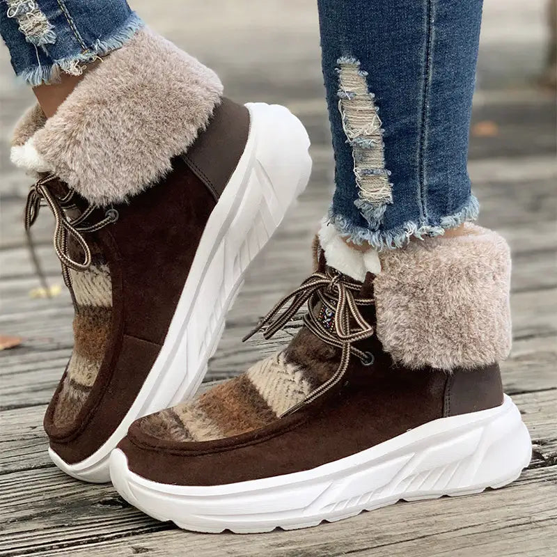Lace-up Snow Boots Women's Fuzzy Mied-color Soft Sole Platform Thermal Lined Shoes Winter Non-slip Plush Boots Beyond Trends Hub