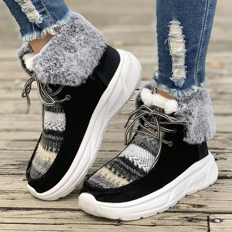 Lace-up Snow Boots Women's Fuzzy Mied-color Soft Sole Platform Thermal Lined Shoes Winter Non-slip Plush Boots Beyond Trends Hub