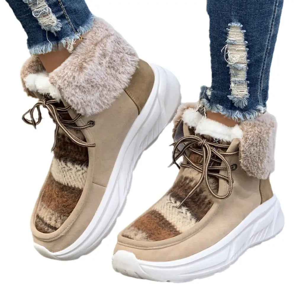 Lace-up Snow Boots Women's Fuzzy Mied-color Soft Sole Platform Thermal Lined Shoes Winter Non-slip Plush Boots Beyond Trends Hub