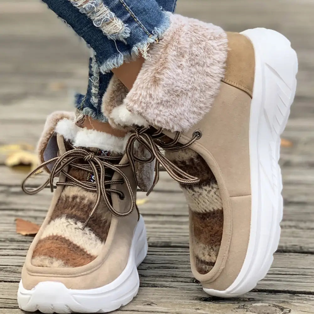 Lace-up Snow Boots Women's Fuzzy Mied-color Soft Sole Platform Thermal Lined Shoes Winter Non-slip Plush Boots Beyond Trends Hub