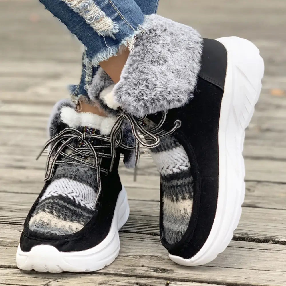 Lace-up Snow Boots Women's Fuzzy Mied-color Soft Sole Platform Thermal Lined Shoes Winter Non-slip Plush Boots Beyond Trends Hub